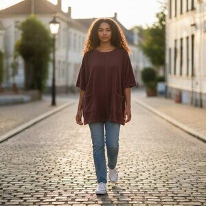 Oversized Burgundy Sweater Top Front Pockets Short Sleeve Minimalist Cozy​